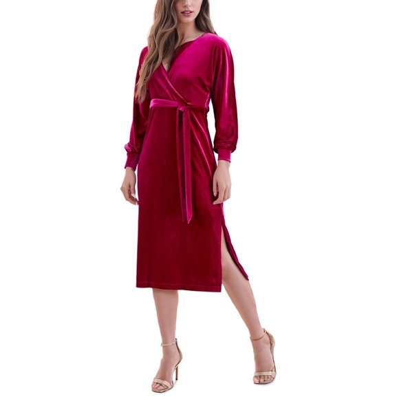 Taylor Wrap Dress Womens 10 Pink Topaz Velvet Midi Long Sleeve A-Line Party NWT - Picture 1 of 8